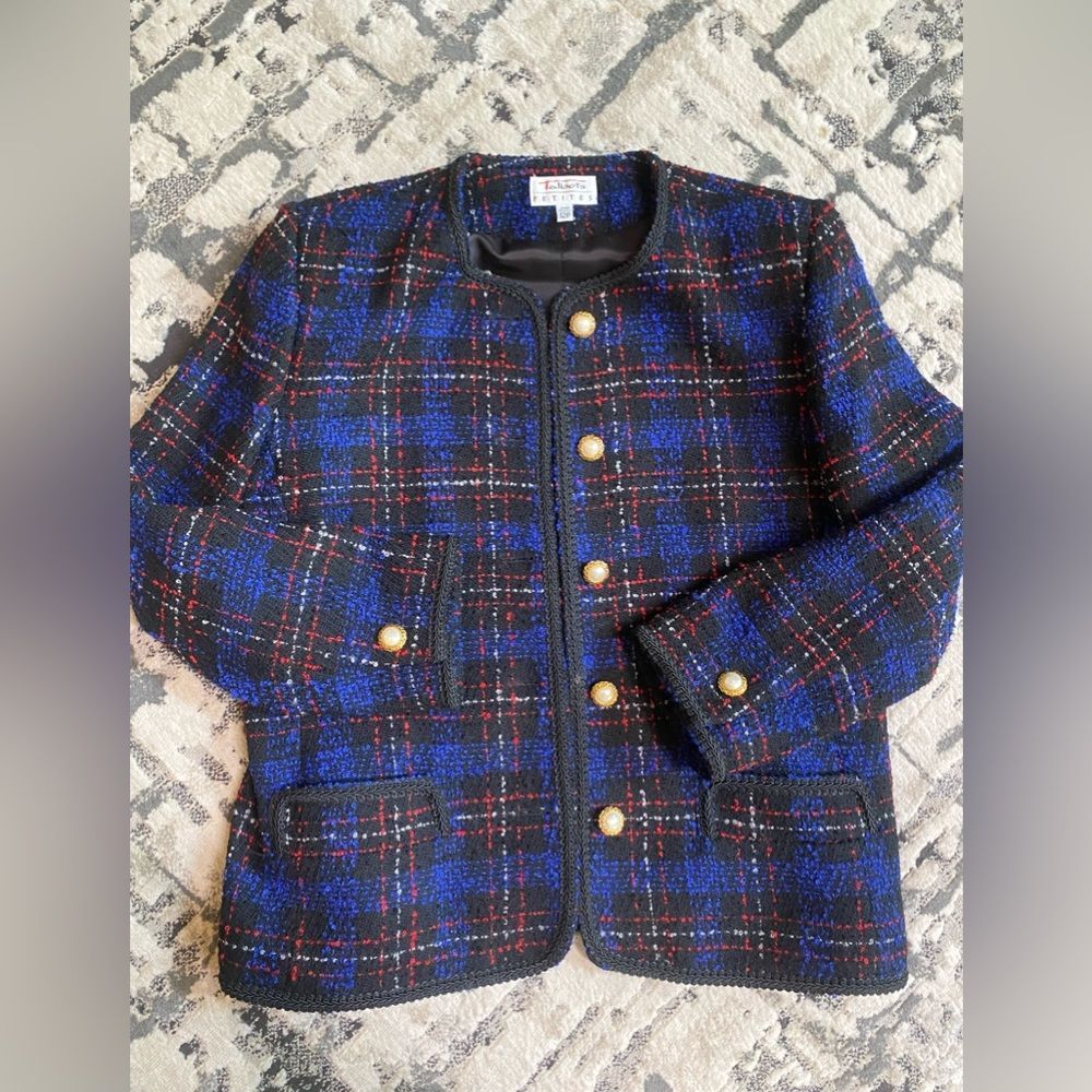 Vtg Talbots Tweed Plaid Blue Blazer Womens 12P